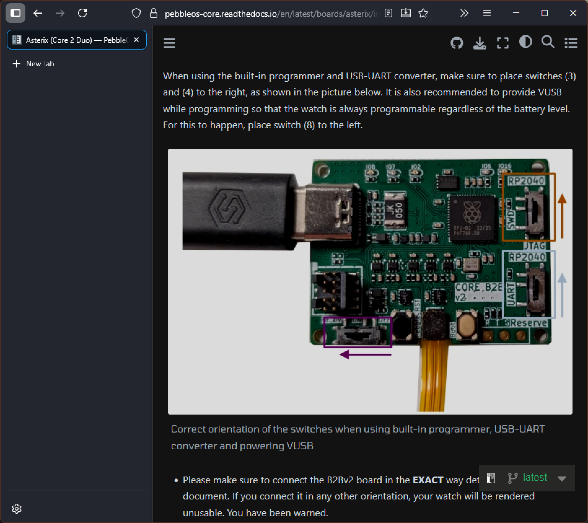 A screenshot of a browser showing Pebble watch documentation. A picture of a bare firmware dev kit board is visible above warnings that the user should not accidentally brick their device with it. 